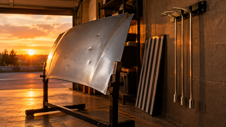 A salvaged practice car hood on a stand and three PDR rods on a wall rack in a home garage at sunset