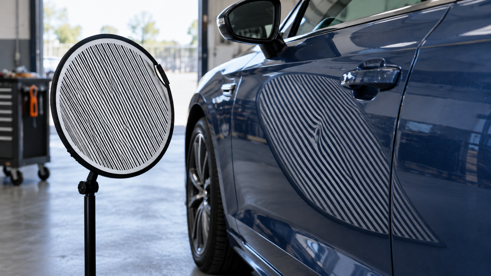 Tablero reflector PDR redondo con rayas sobre un soporte, junto a una puerta de coche azul; sus líneas rectas se reflejan en la pintura y se curvan alrededor de una pequeña abolladura de puerta