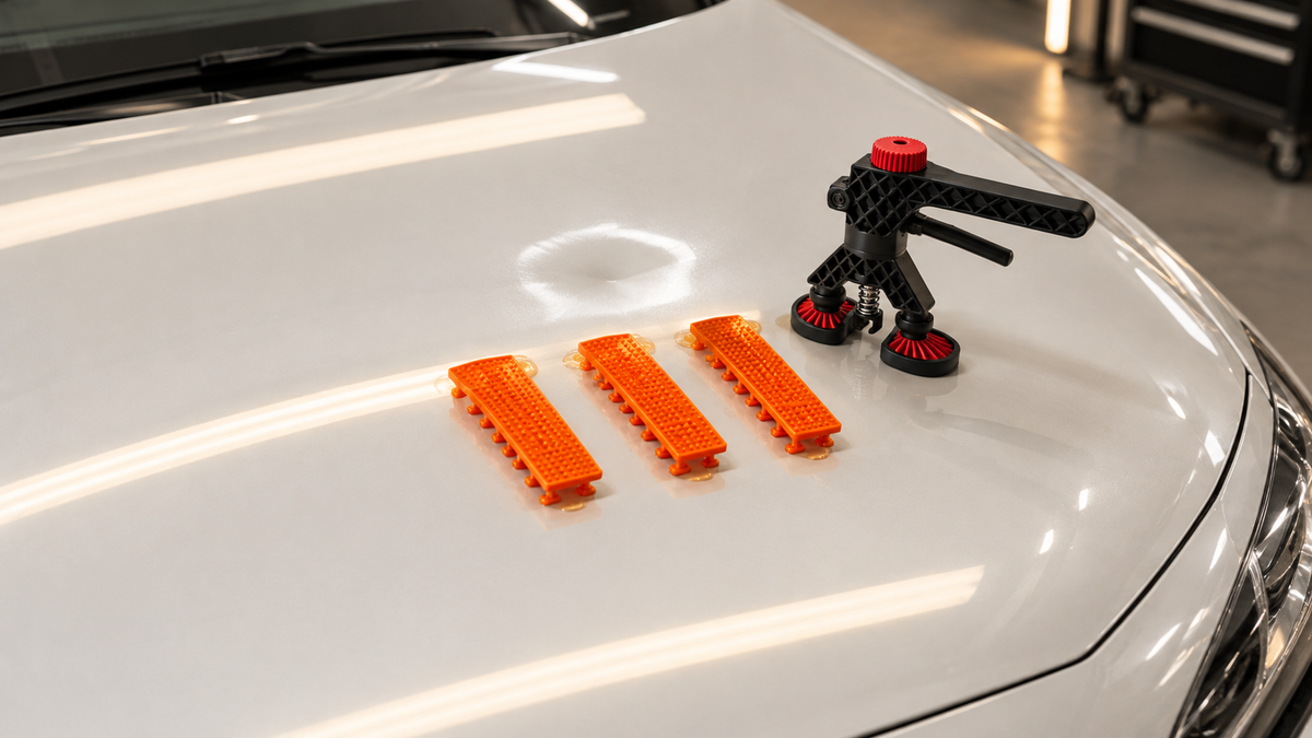Orangefarbene Centipede-Klebepads und ein Mini-Dellenheber auf der weißen Motorhaube eines Autos neben einer flachen Delle in einer PDR-Werkstatt