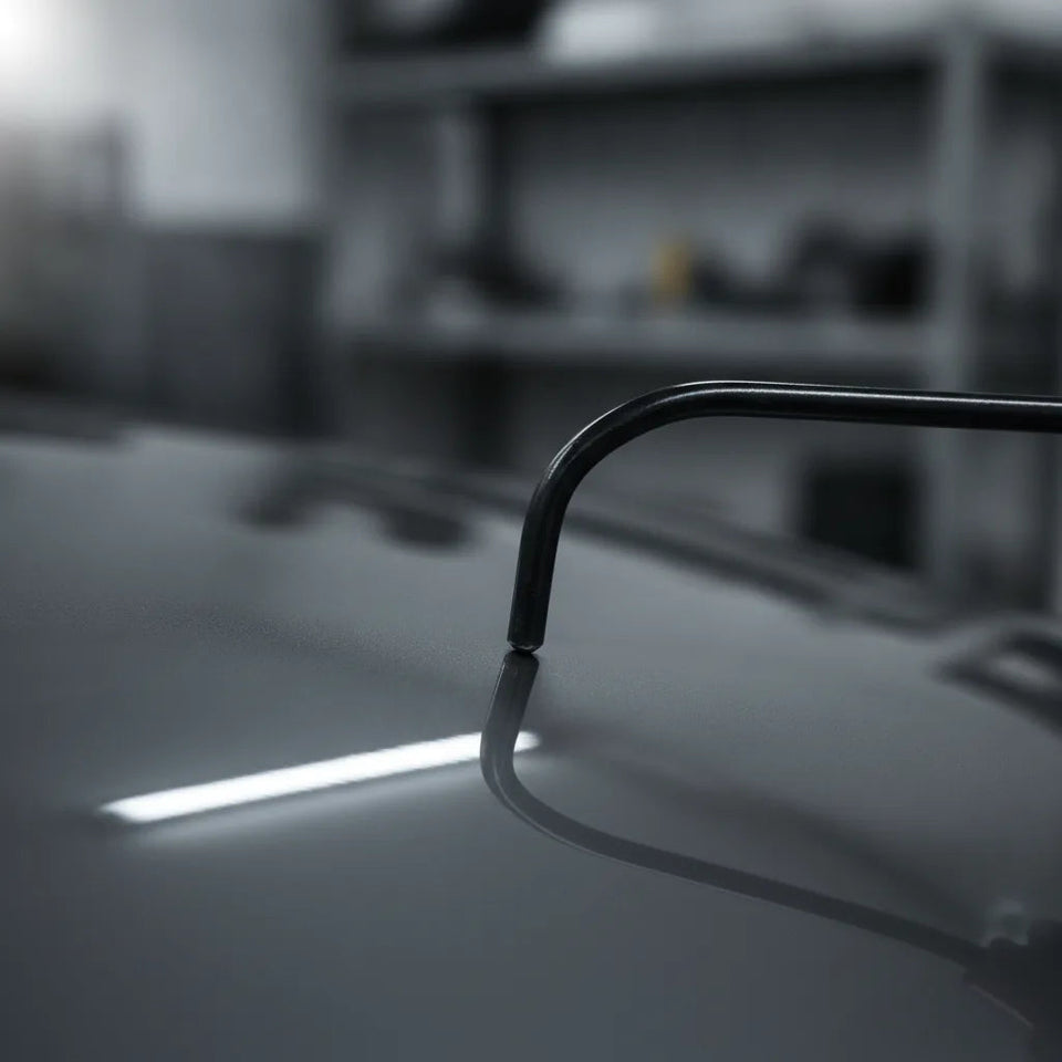 Macro de la punta de una varilla PDR doblada apoyada sobre el reflejo de una línea de un panel de coche