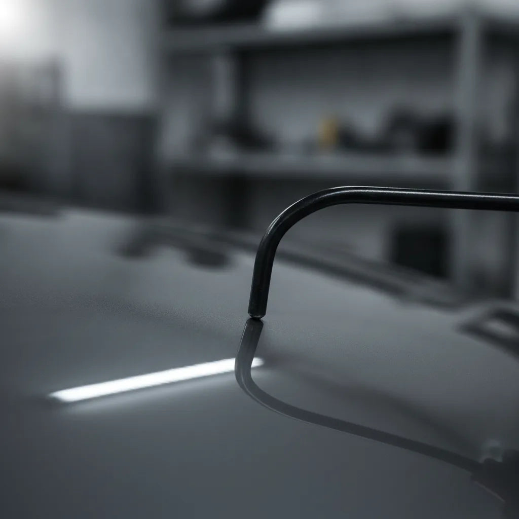Macro of a bent PDR rod tip resting against a car panel reflection line