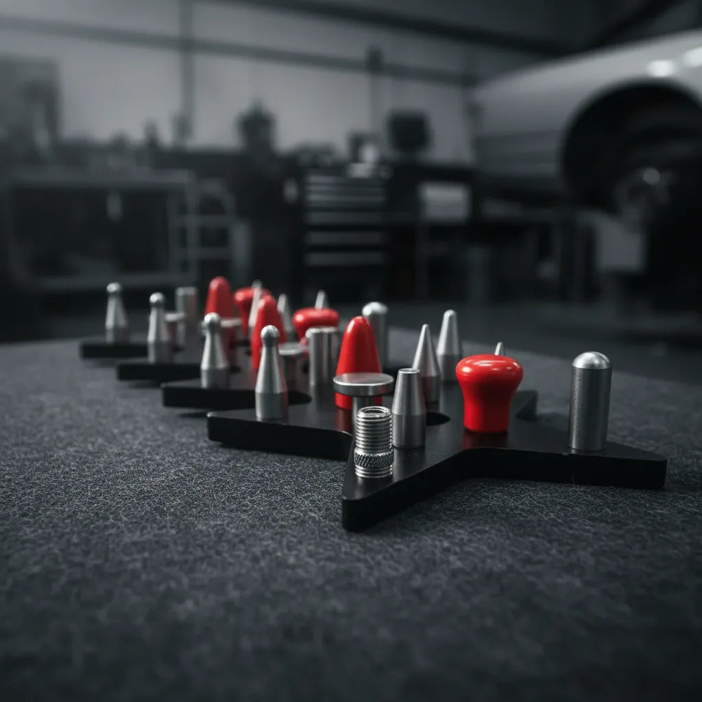 Interchangeable machined steel PDR tips laid out on dark felt
