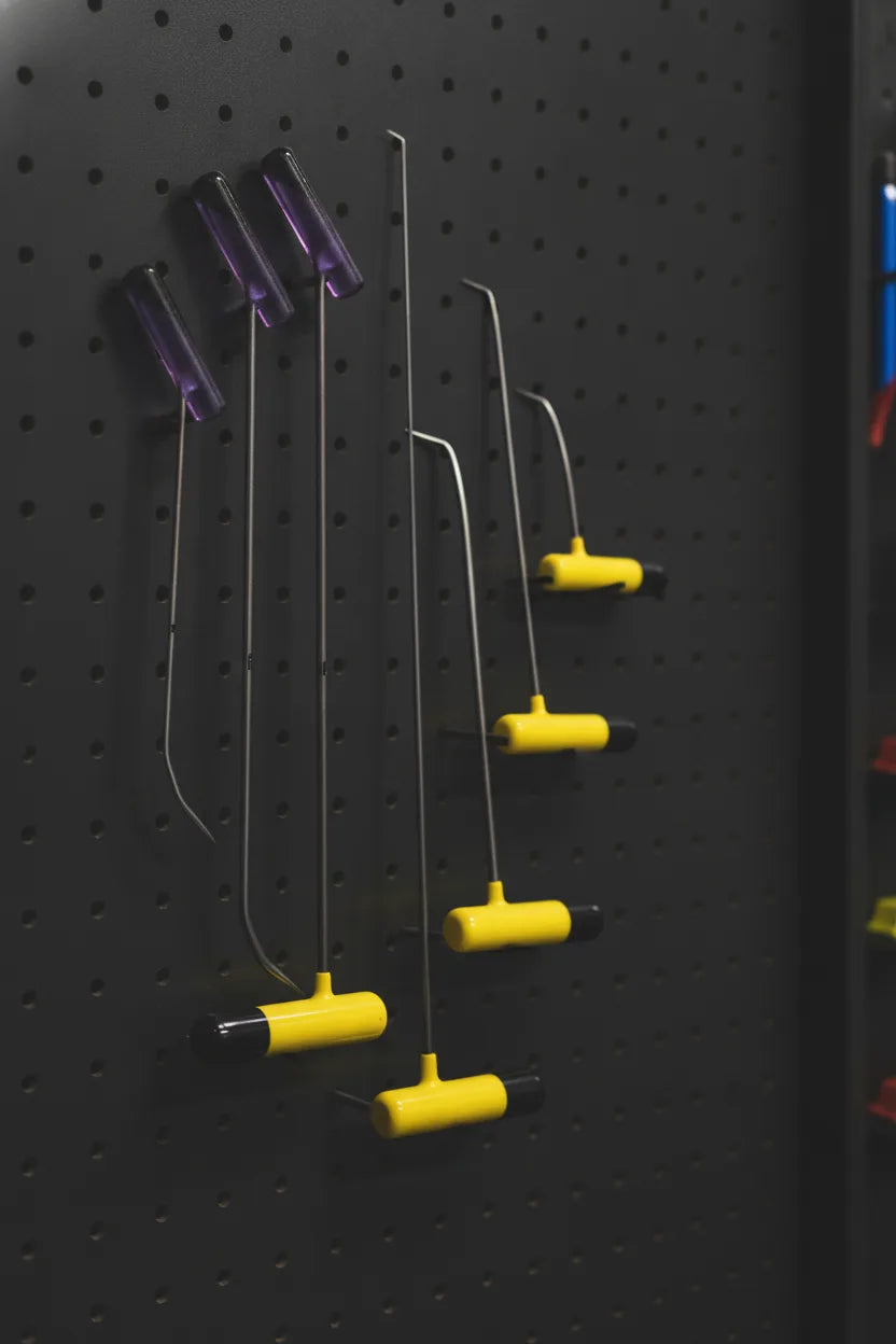 Paintless dent repair rods hanging on a workshop tool wall
